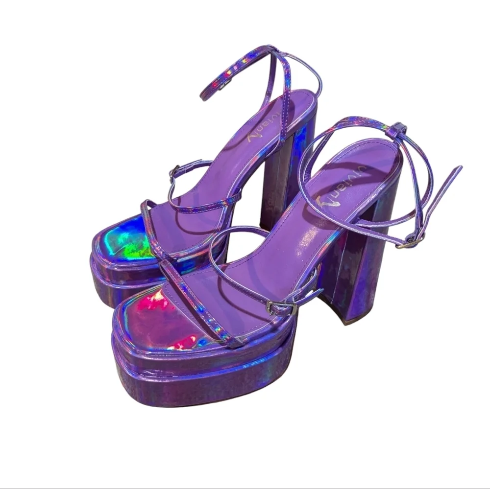 Vivianly Holographic Purple Iridescent Strappy Platform Sandals Heels sz 9 Disco - Picture 2 of 8